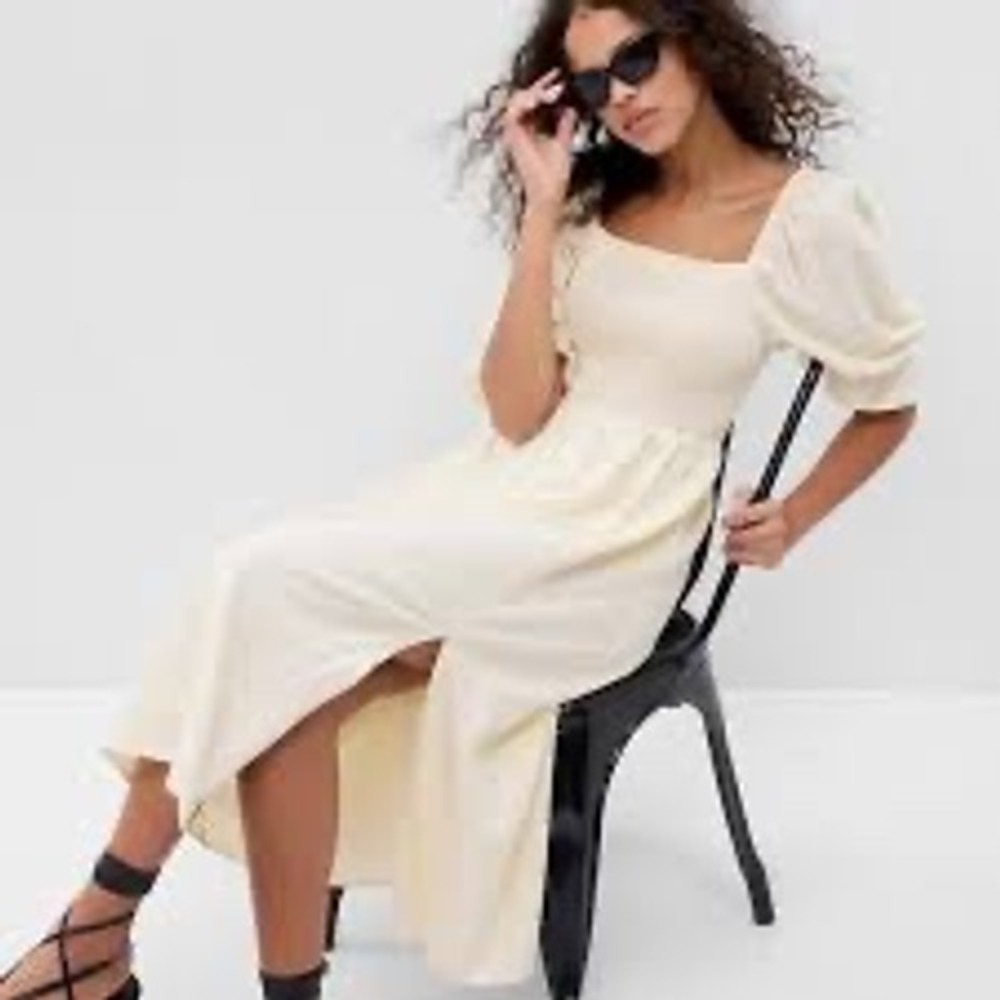 Gap Women Cream Linen Blend Smocked Puff Sleeve Midi Dress Petite Large NWT